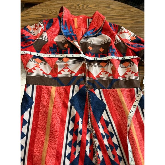 Orange blue white Aztec print open front long ruffled sleeved collared jacket - Picture 6 of 7